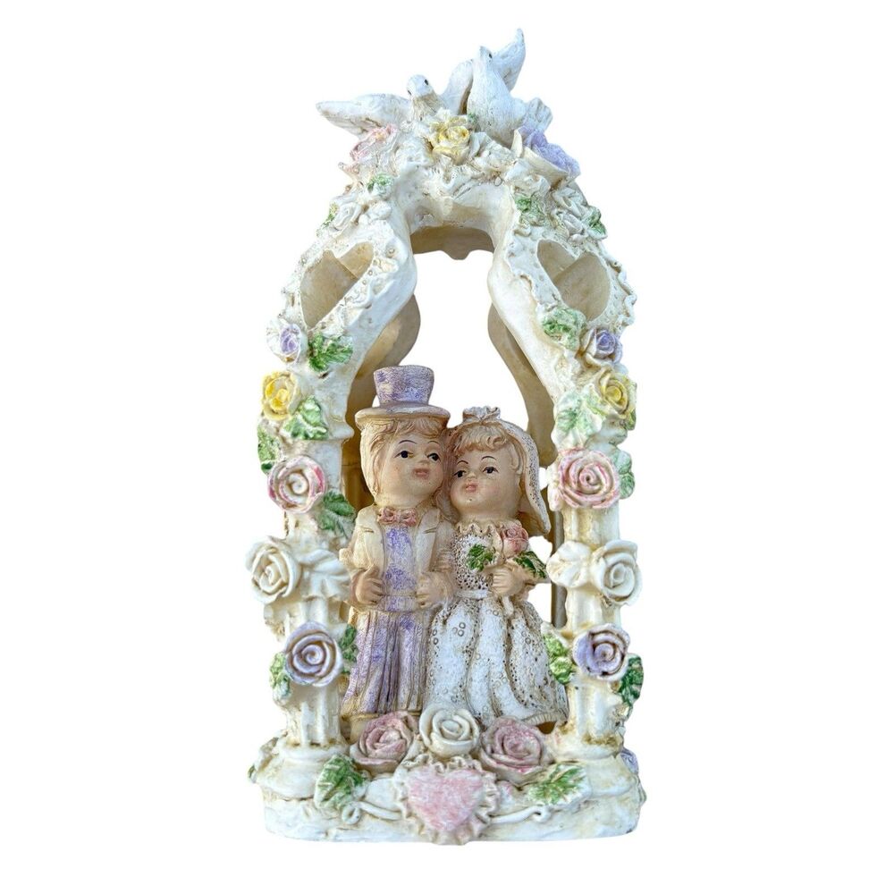 Wedding Cake Topper Bride & Groom 6”Roses Doves Hearts White Pink Purple Green